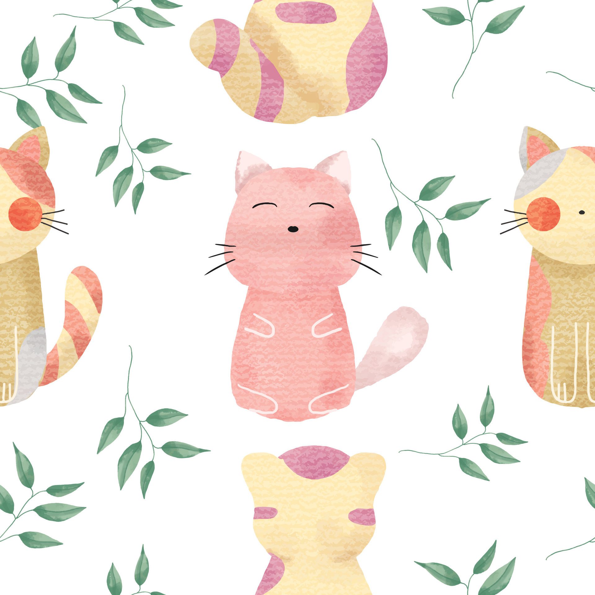 Cute Cat Watercolor Seamless Pattern Free Vector