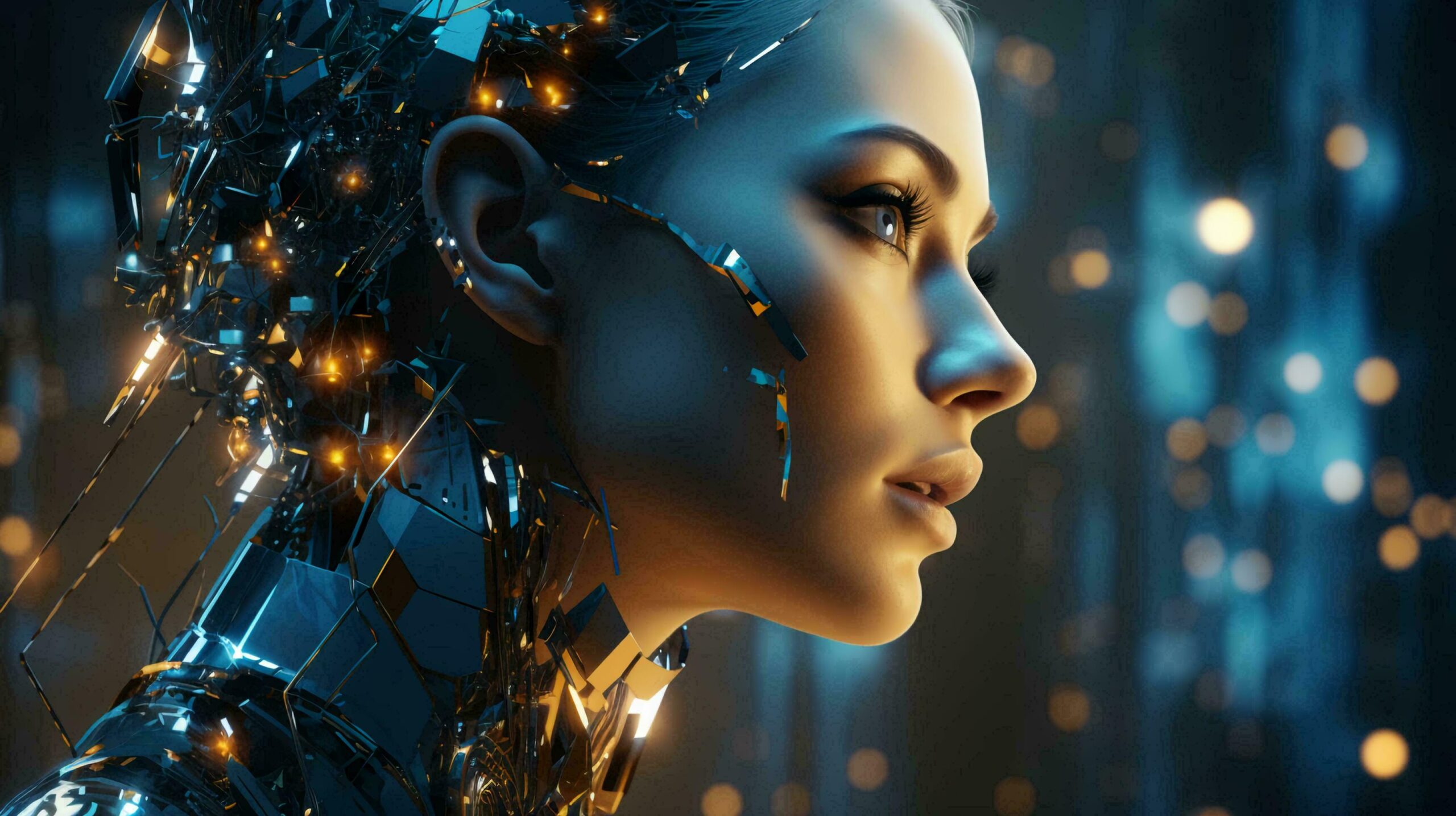 Futuristic beautiful woman robot cyborg with metal implants on blurred background Free Photo