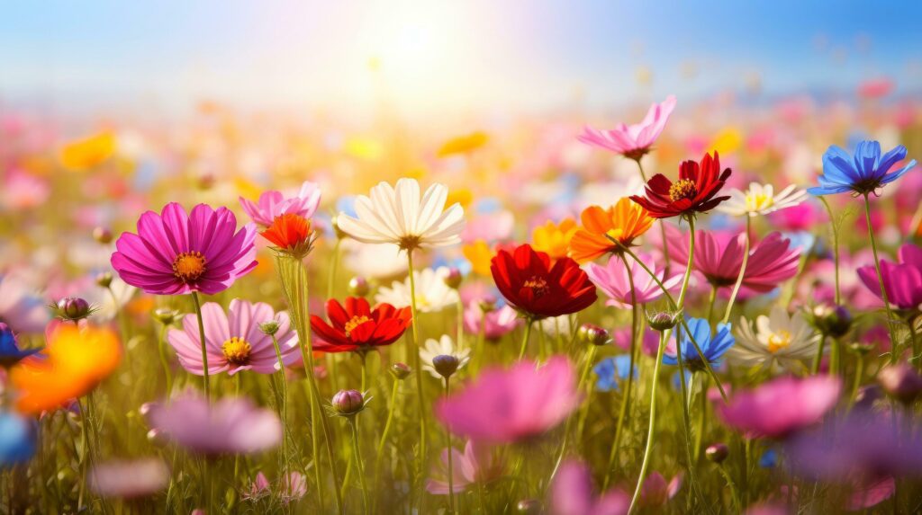 Nature floral background in early summer. Colorful natural spring landscape with with flowers, soft selective focus, Generative AI illustration Stock Free