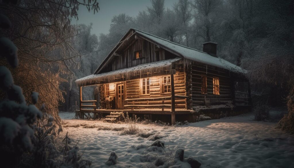 Spooky log cabin in dark winter forest generated by AI Stock Free