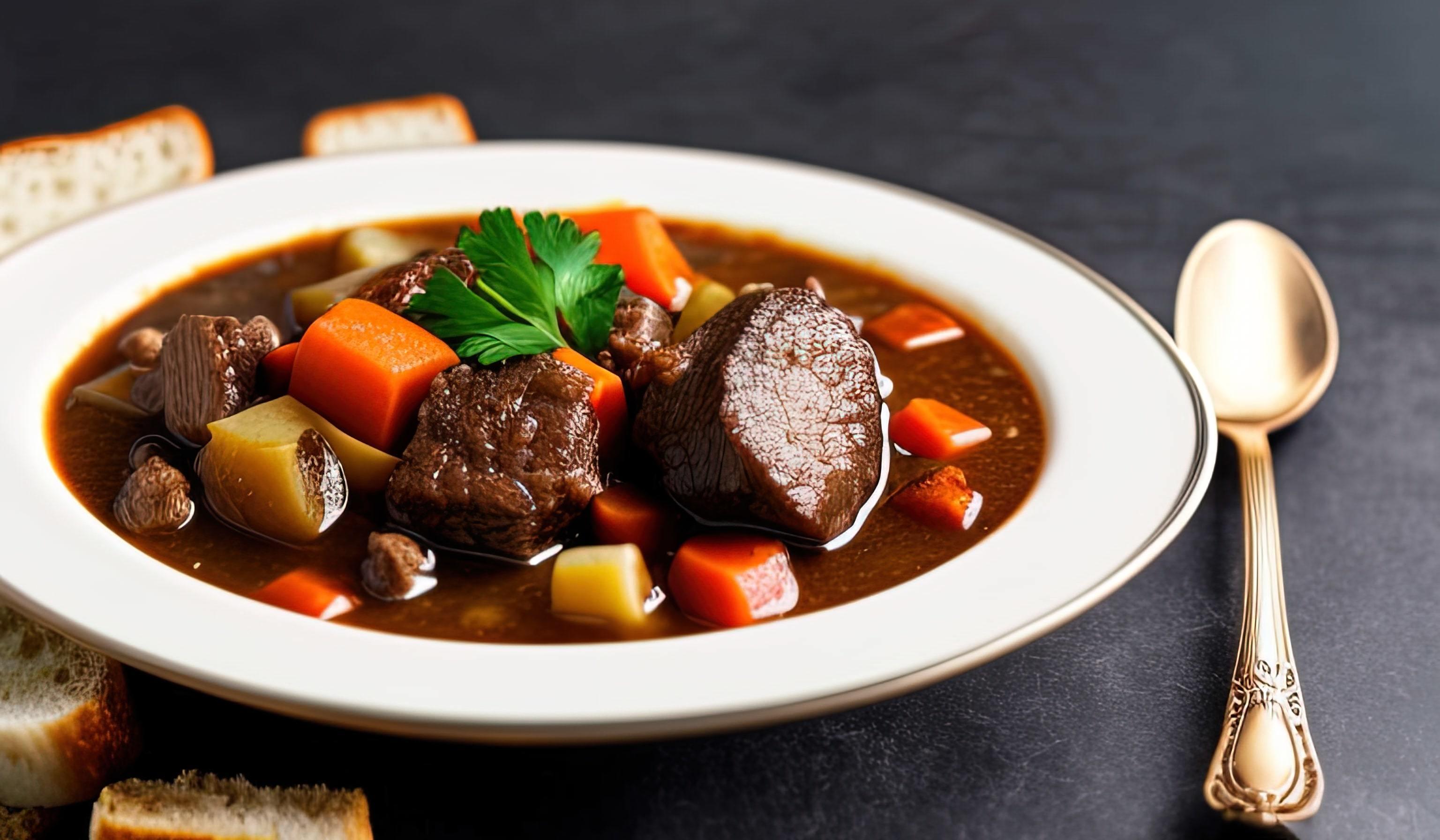 professional food photography close up of a a bowl of beef stew with bread on the side Stock Free