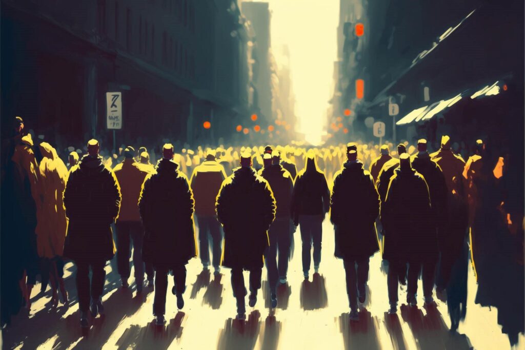 group of people walking down a city street. . Stock Free