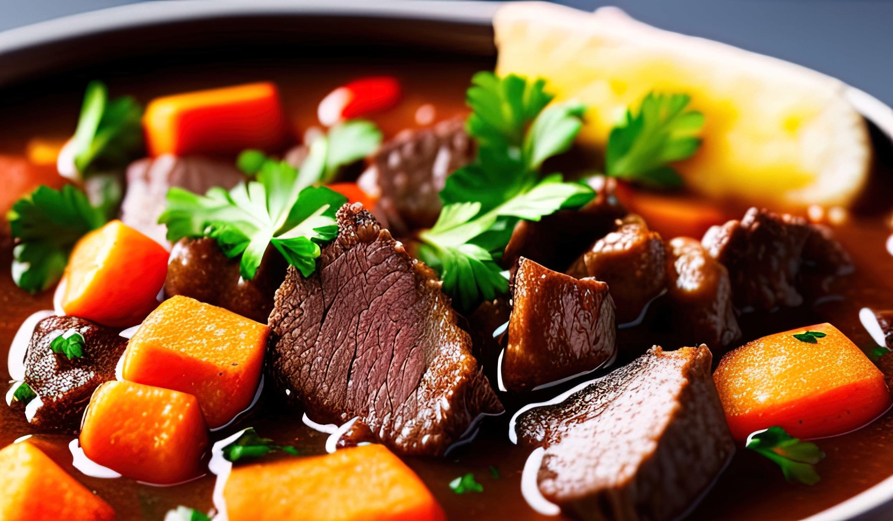 professional food photography close up of a a bowl of beef stew with bread on the side Stock Free