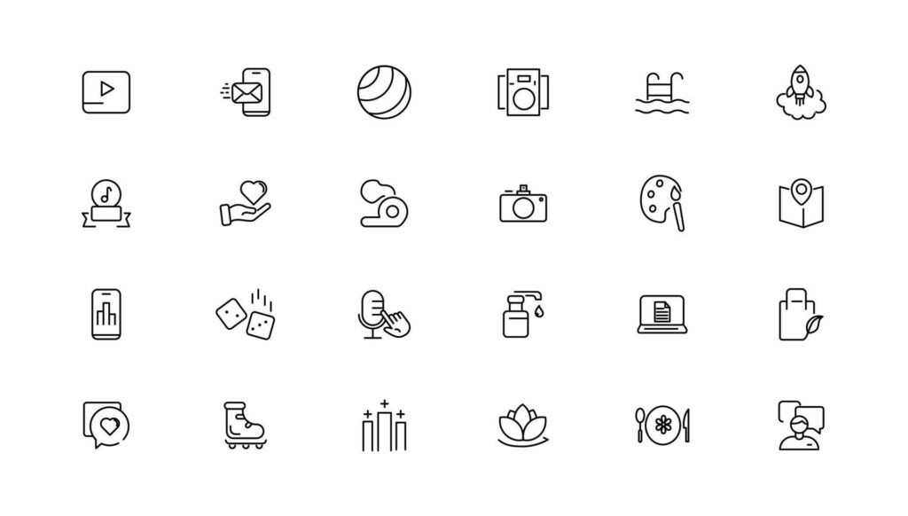 
									Hobby and recreation linear icons collection.Set of thin line web icon set, simple outline icons collection, Pixel Perfect icons, Stock Free