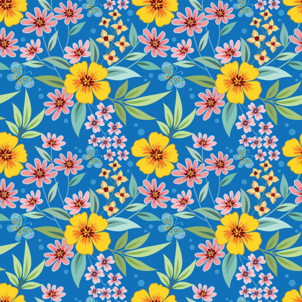 Beautiful blooming flowers design on blue color background seamless pattern. Free Vector