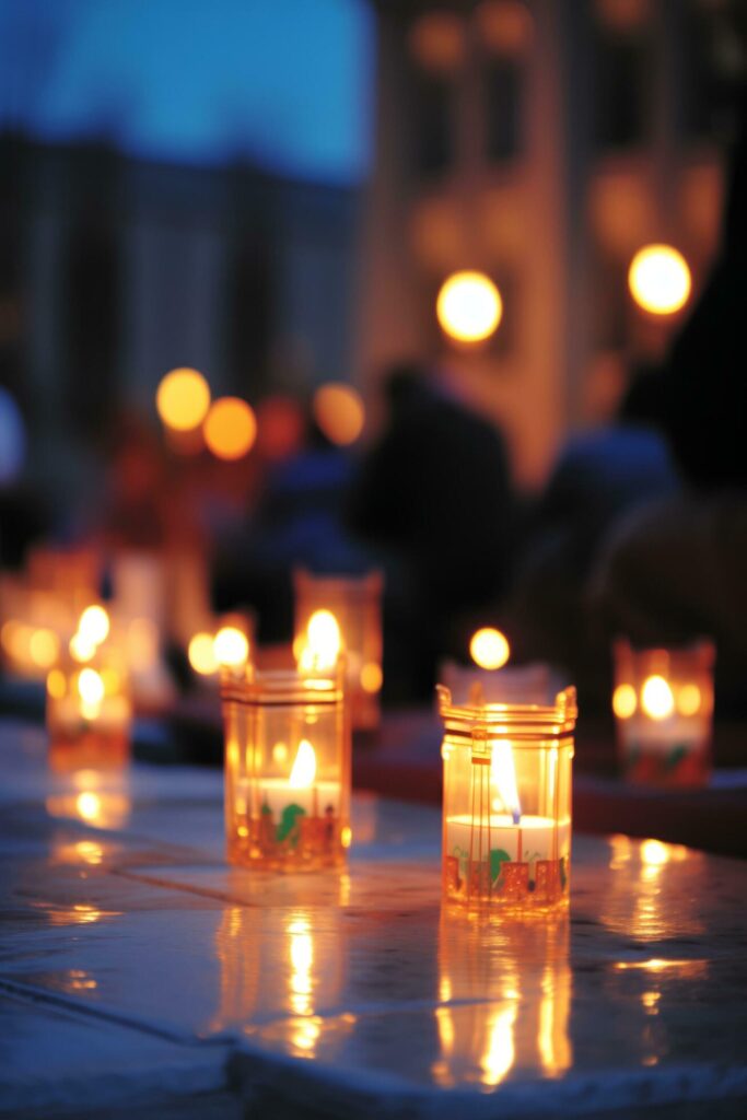 A table adorned with lit candles, creating a warm and inviting ambiance. Free Photo