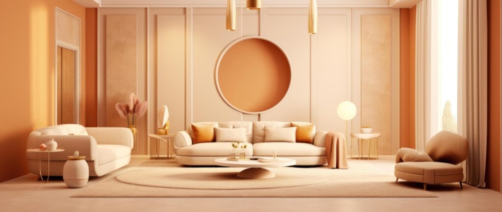 3D design of living room in beige colors. Illustration Stock Free