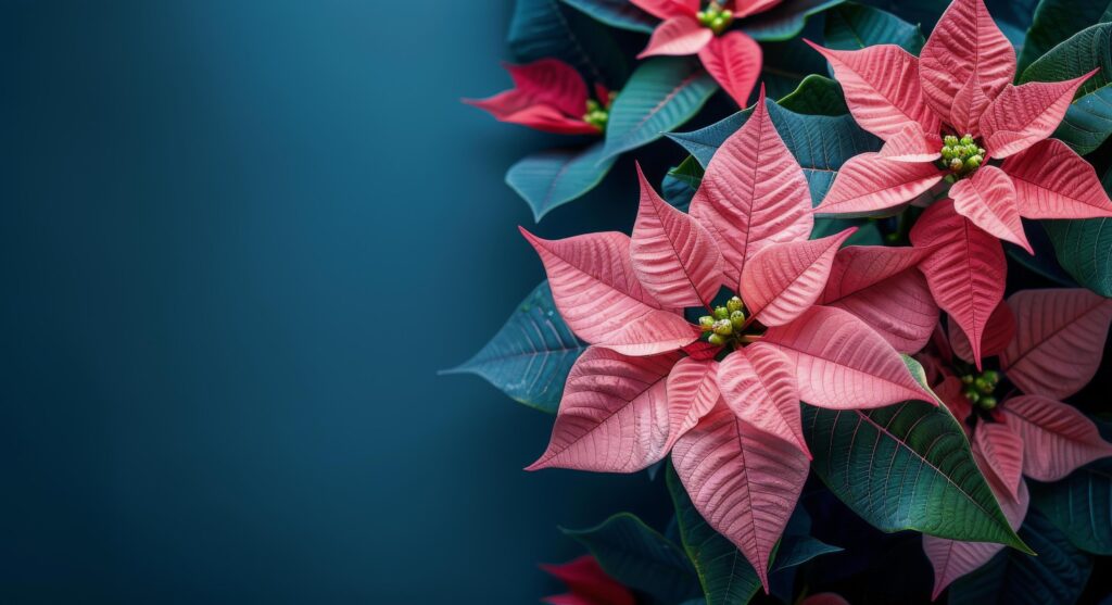 Pink Poinsettia Plant Leaves Against a Blue Background Stock Free