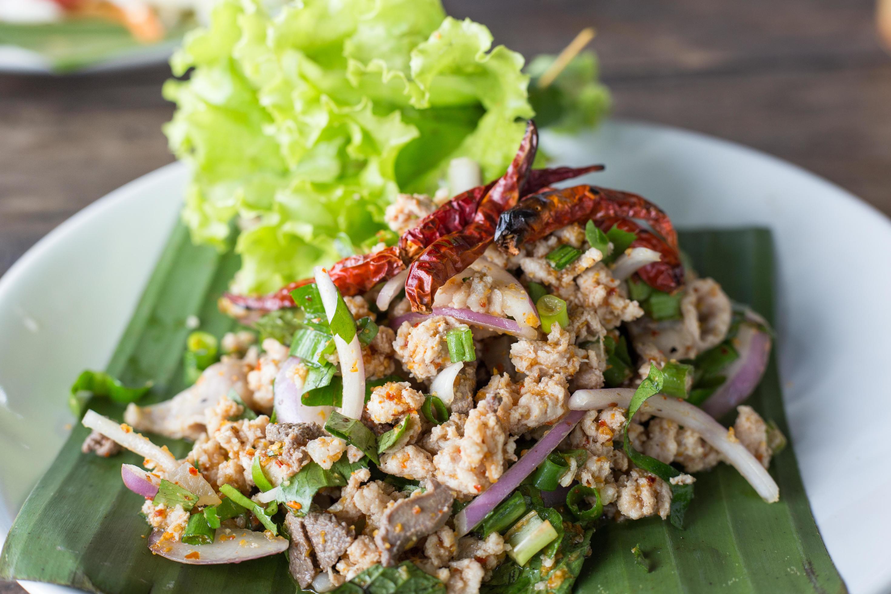 Spicy minced pork salad, Spicy Thai food Stock Free