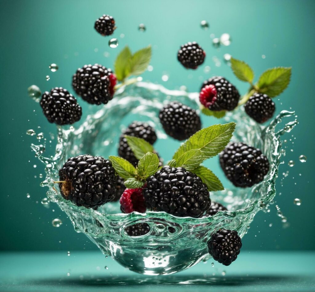 Blackberries in water splashes with mint leaves on an aqua background Free Photo