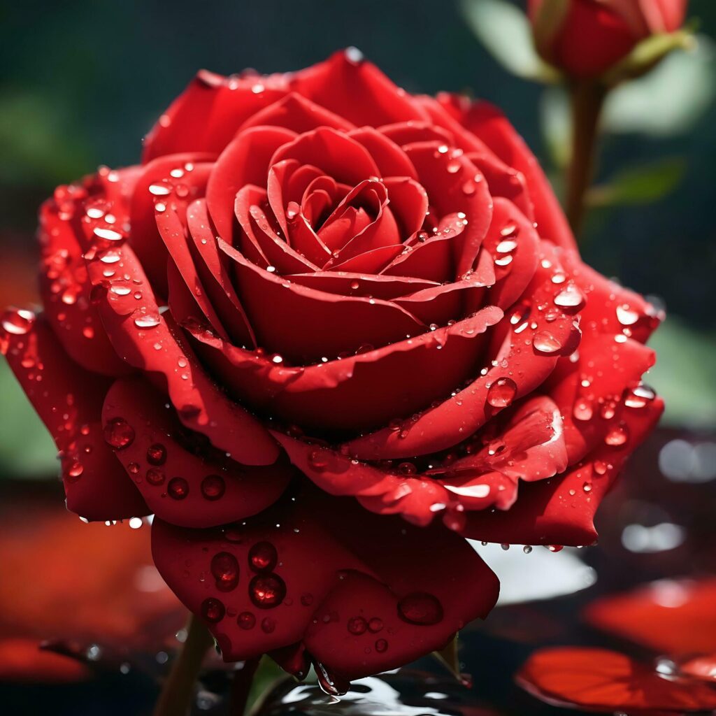 A Red Rose Flower With Water Drop In Dark Theme Generative Ai Stock Free