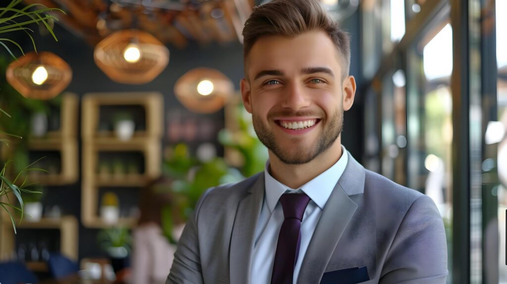 Confident Young Business Executive in Formal Attire Smiling and Working in Modern Office Environment Stock Free