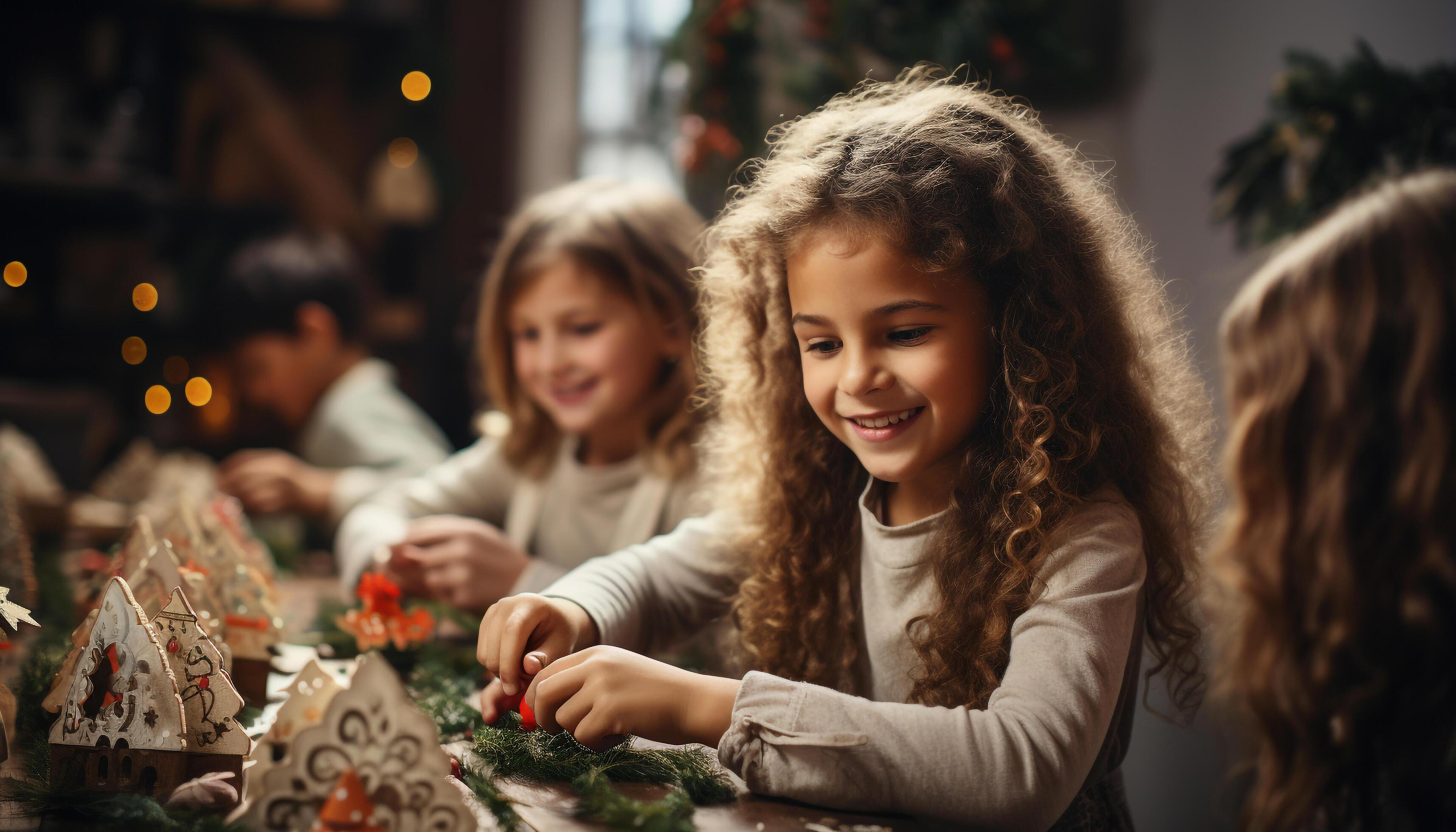 AI generated Smiling girls decorating Christmas tree, family celebration, cheerful togetherness generated by AI Stock Free