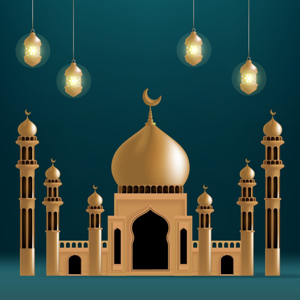 a picture of a mosque with a gold dome and a black background Free Vector