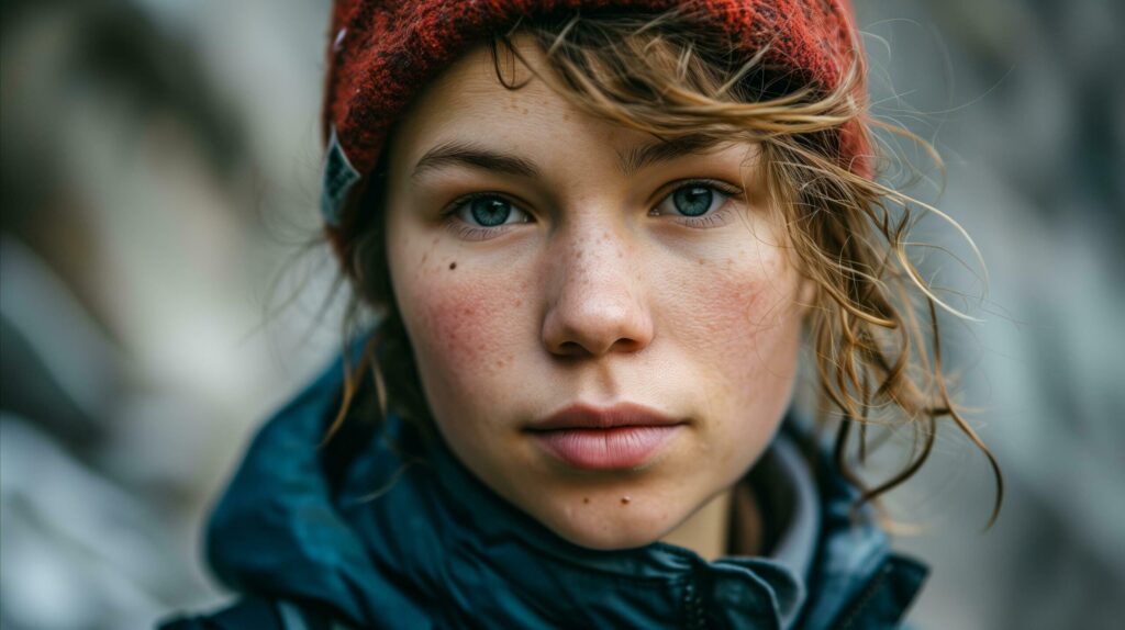 Portrait of a young woman with blue eyes and winter hat outdoors Free Photo