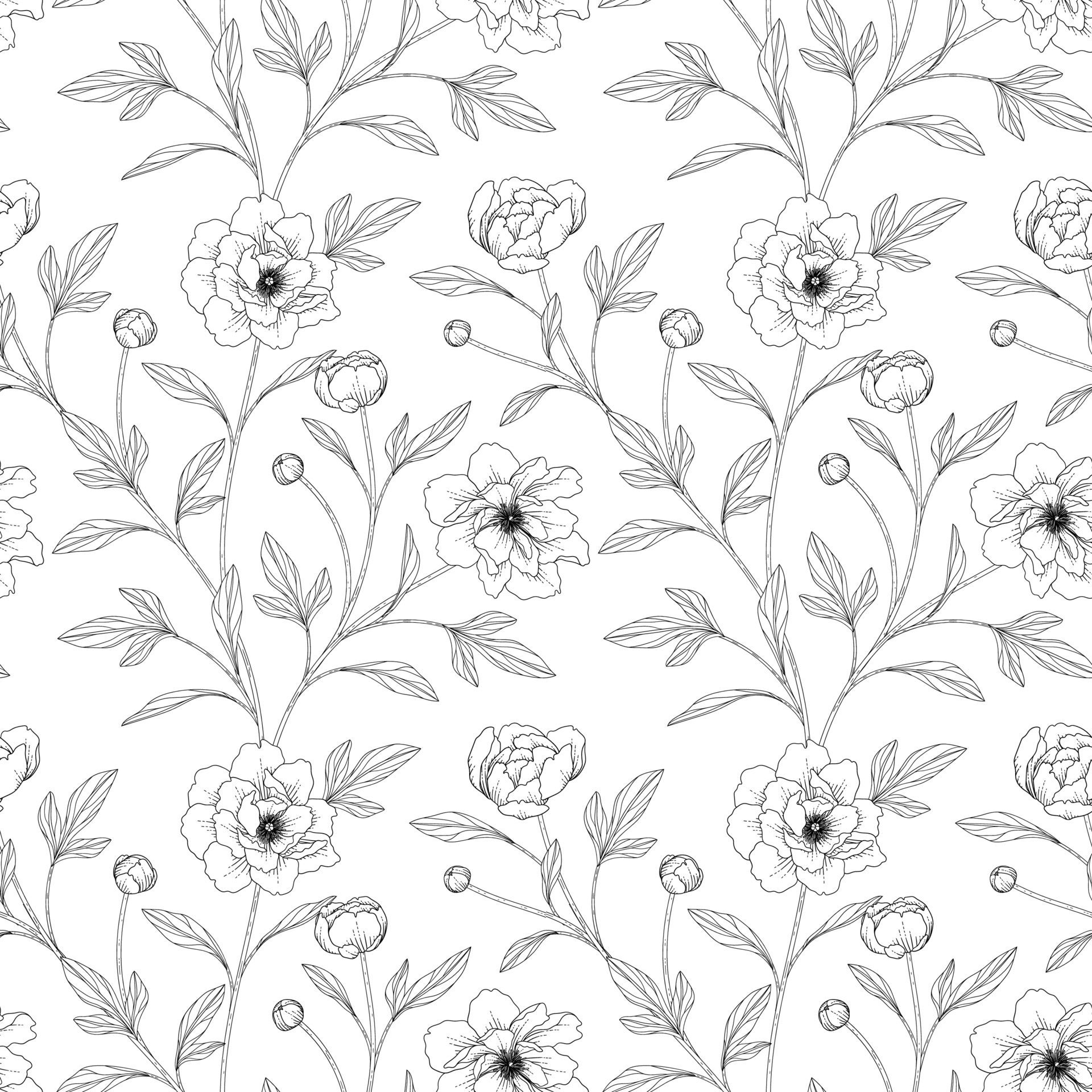 Seamless pattern peony floral hand drawn illustration. Free Vector