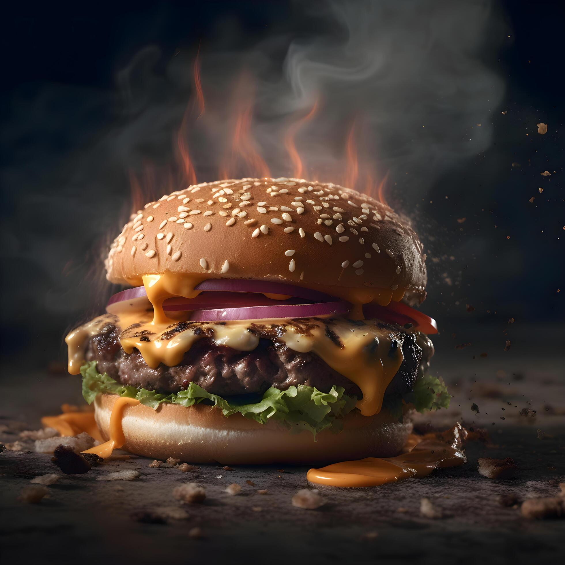 Burger with flying ingredients on a black background. Concept of fast food., Image Stock Free