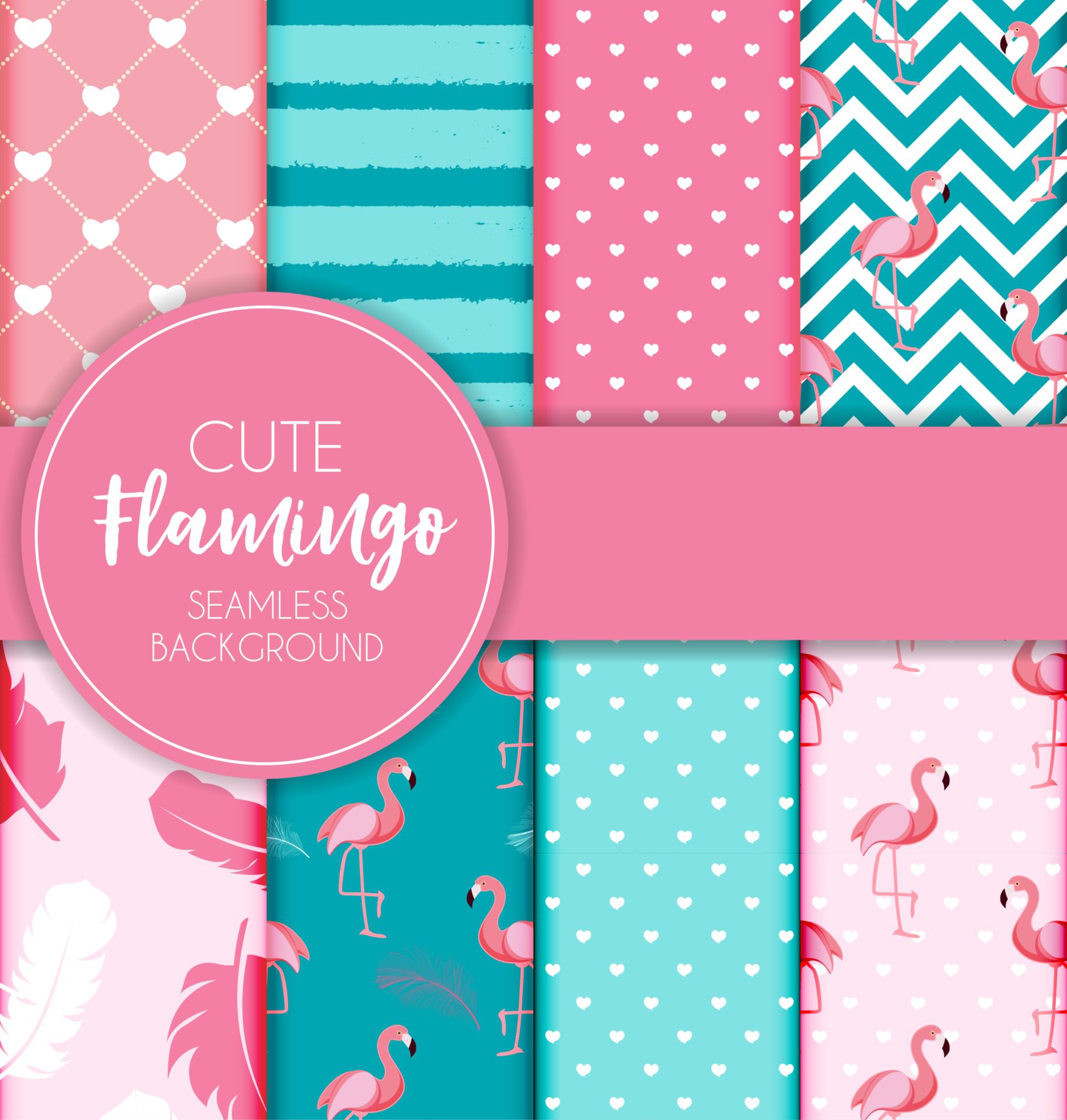 Cute Retro Seamless Flamingo Pattern Collection Set Background Vector Illustration Free Vector