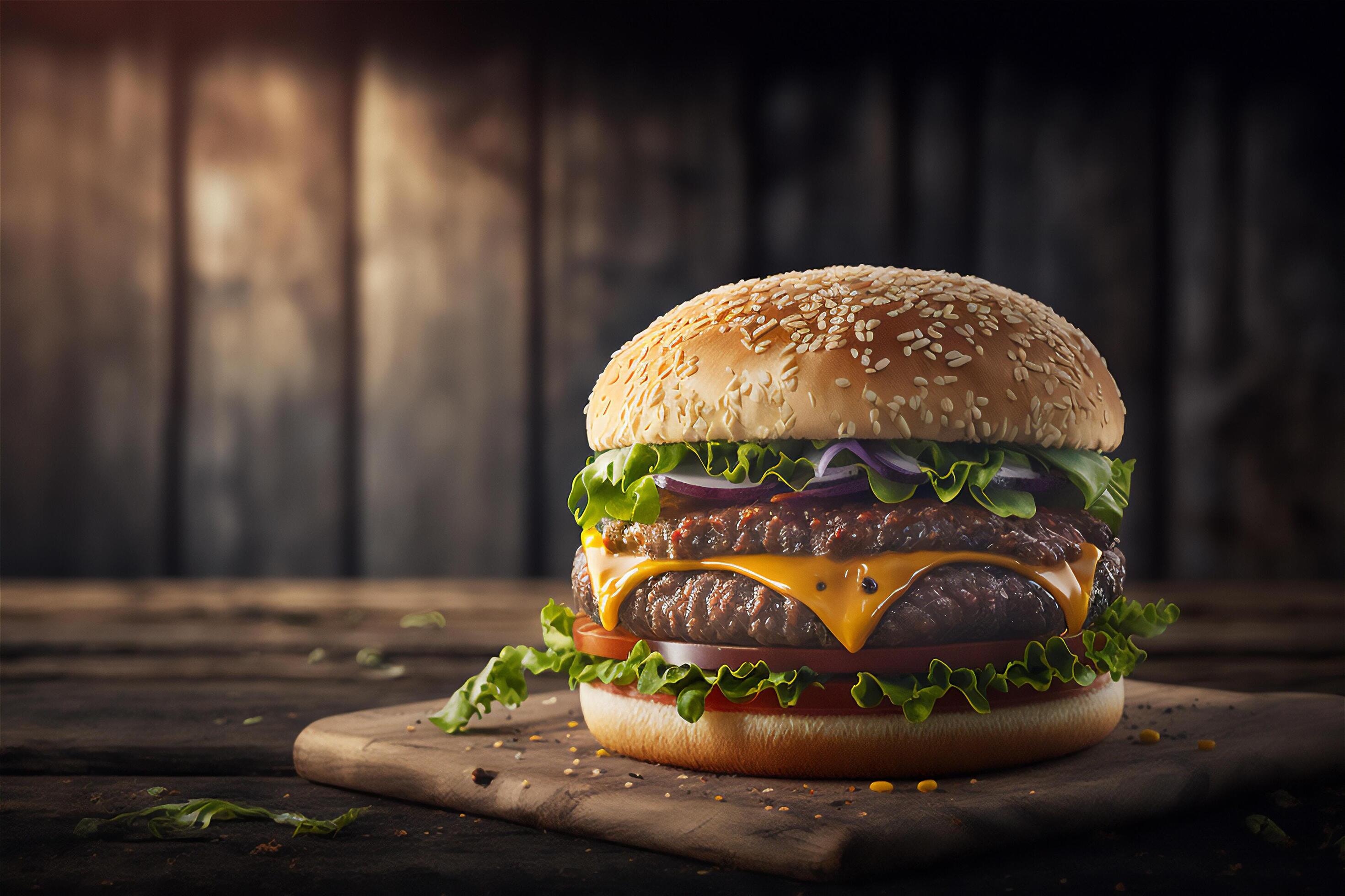 Tasty homemade hamburger on rustic wooden table. Copy space. Advertising. . Fast food snack Stock Free