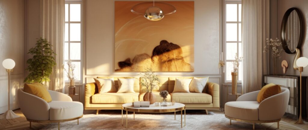 3D design of living room in beige colors. Illustration Stock Free