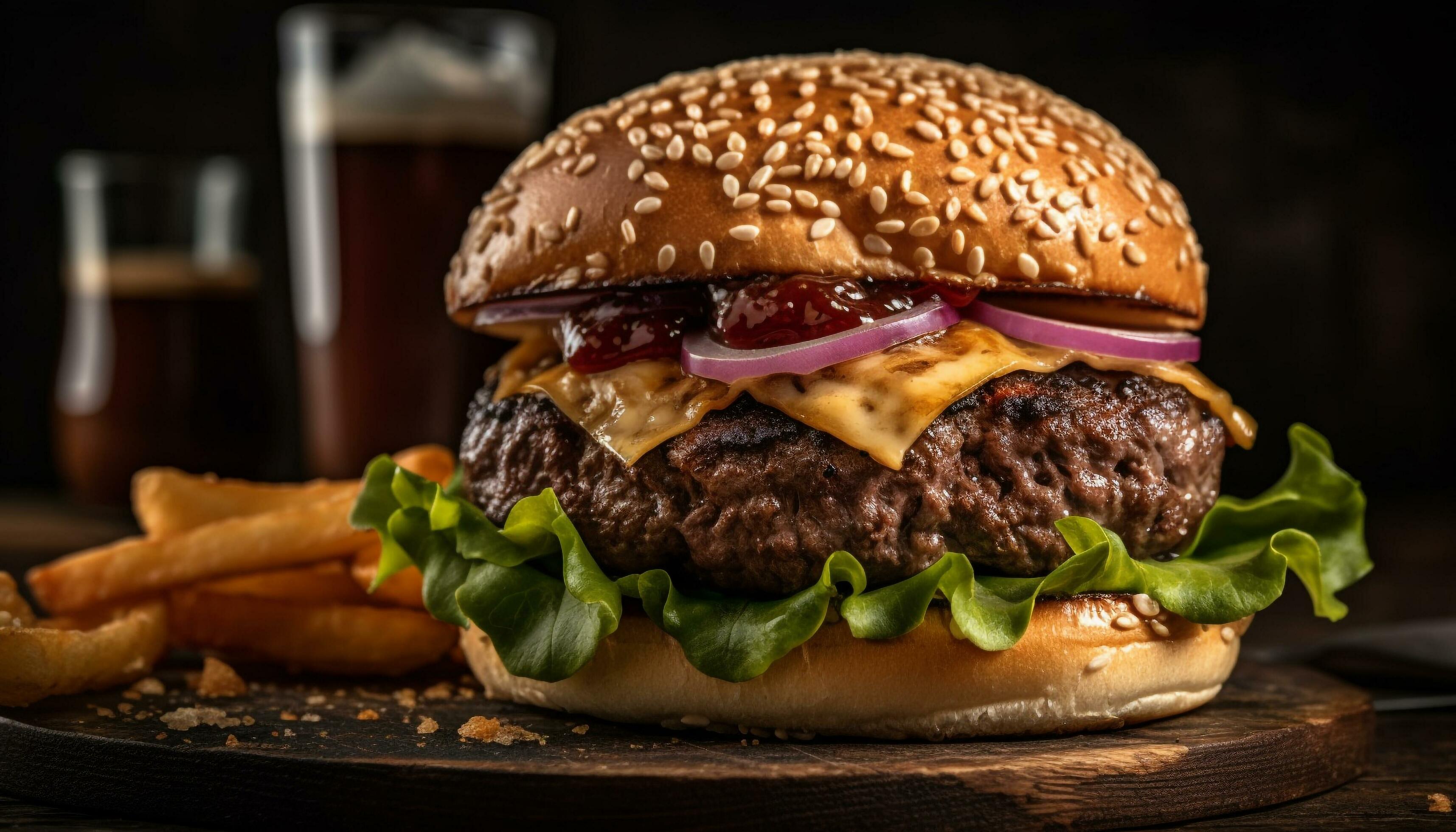 Grilled cheeseburger and fries perfect fast food generated by AI Stock Free