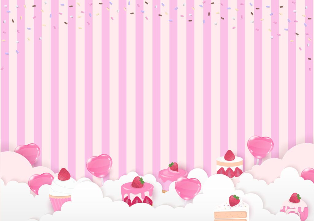 Heart candy with cake on striped background Free Vector