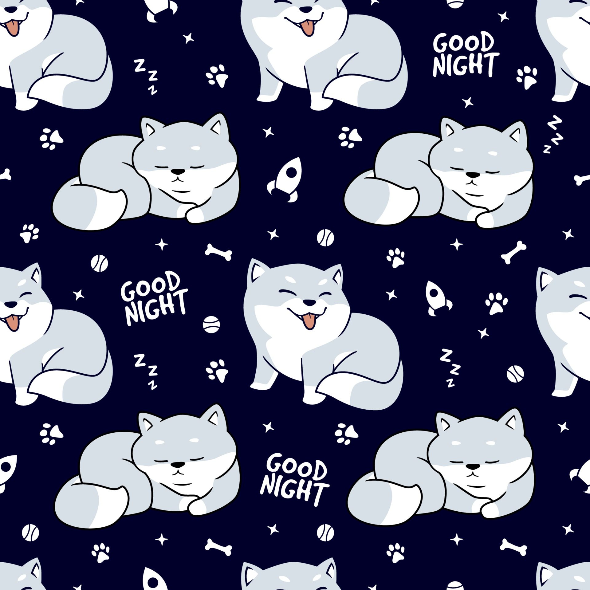 Cute hand drawn sleeping dogs seamless pattern on dark background Free Vector