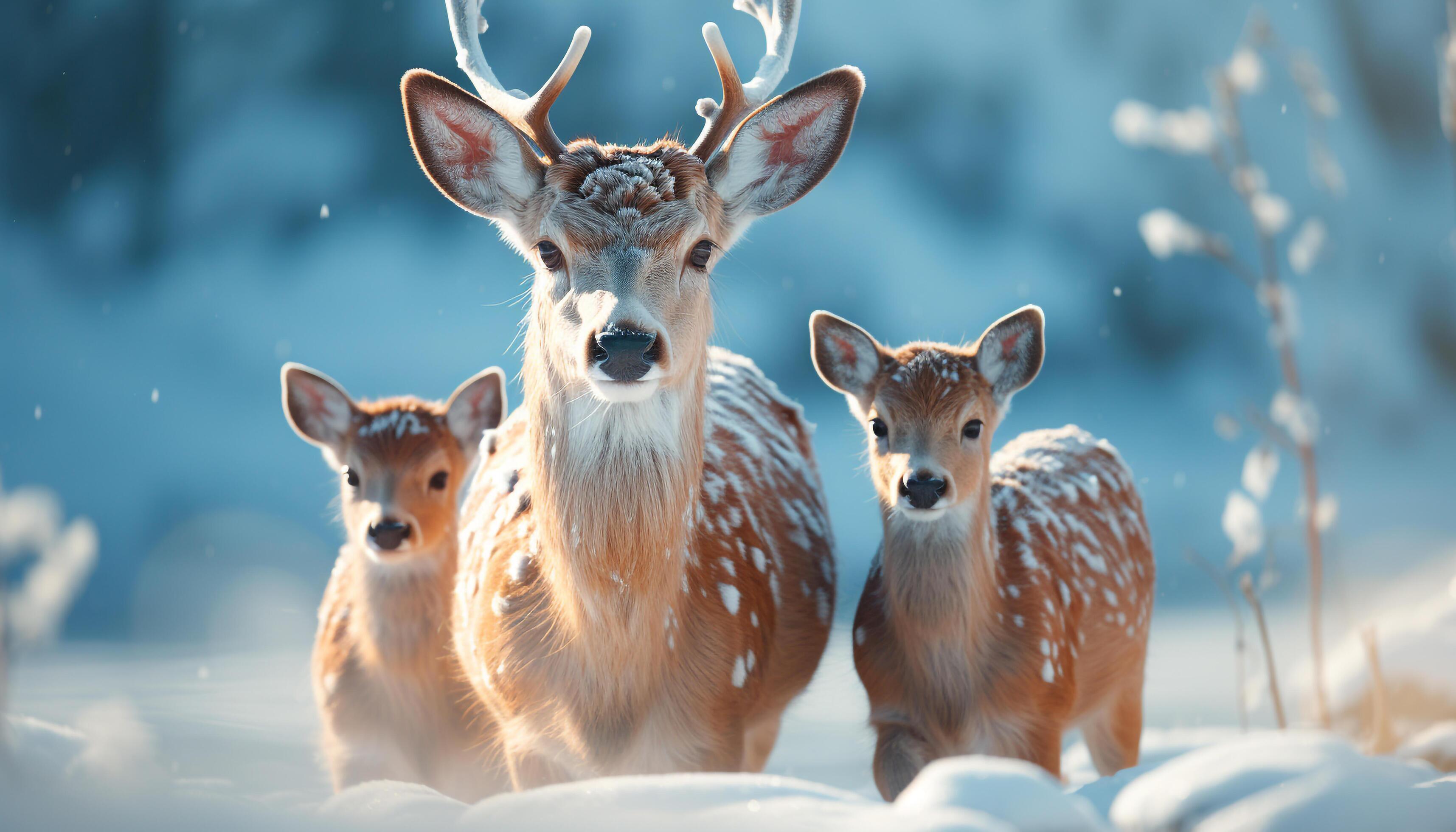 AI generated Cute deer family in snowy forest, looking at camera generated by AI Stock Free