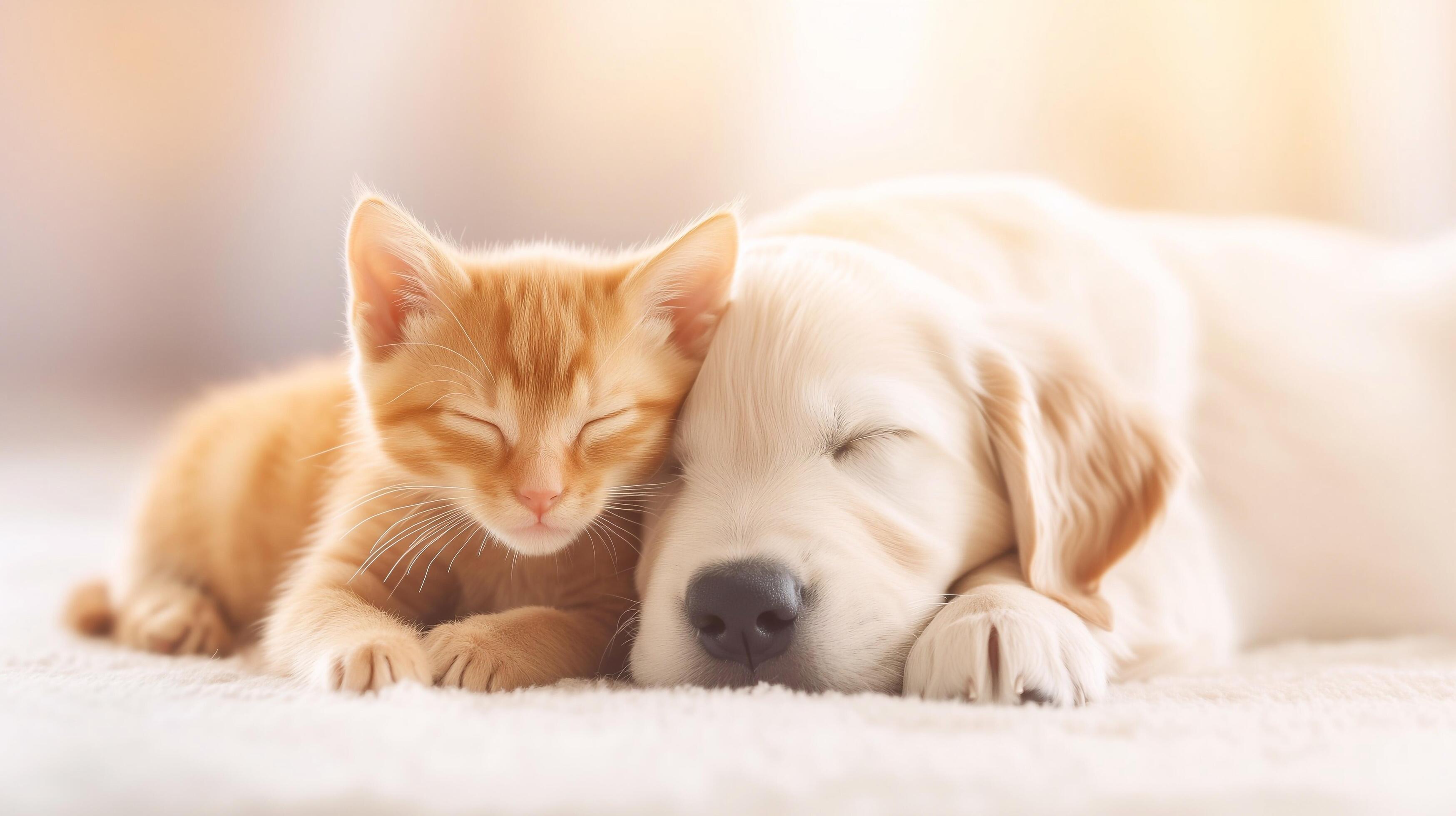 a dog and cat sleeping together on a white background Stock Free