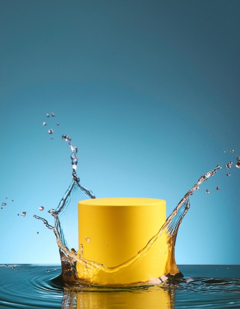 empty yellow podium mockup with water splash on a gradient background for product display Stock Free