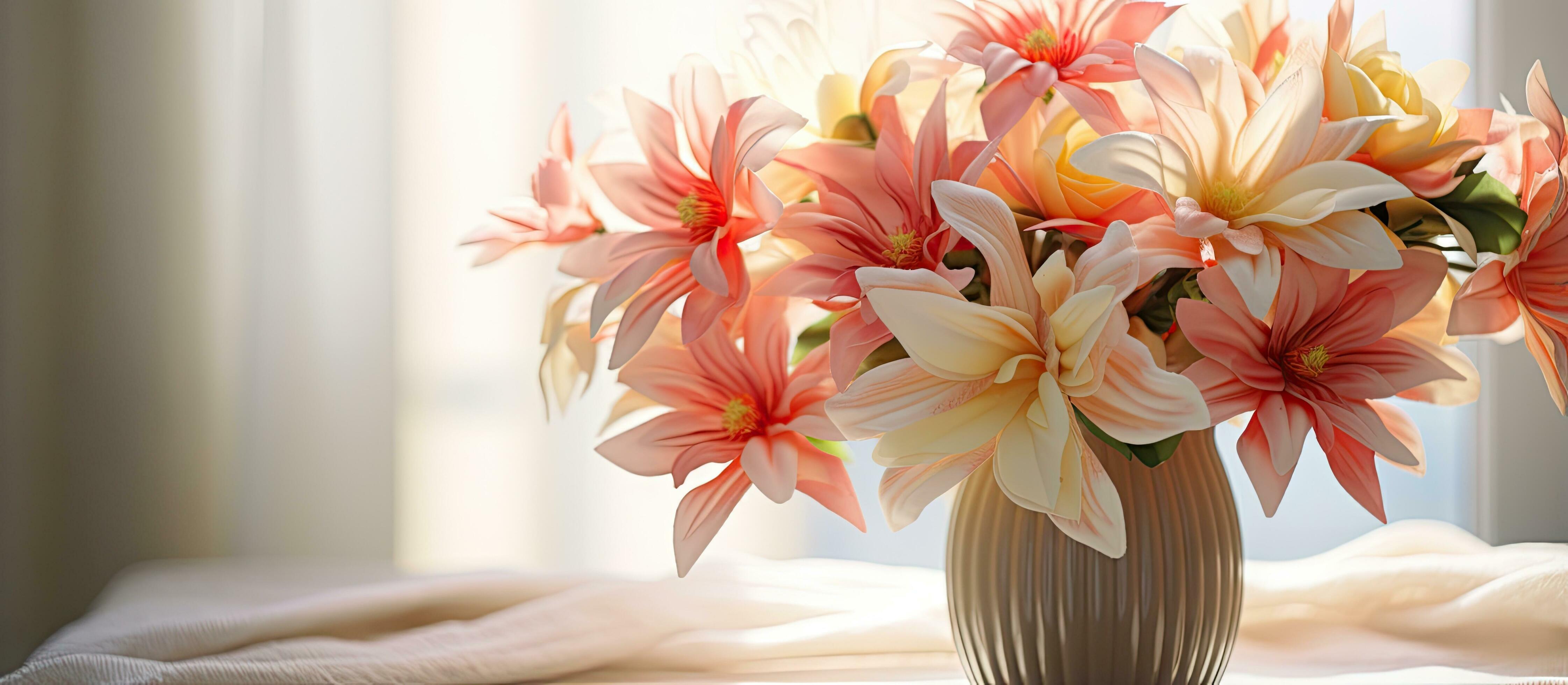 
									Decorative flowers in a pot adorn the interior table Stock Free