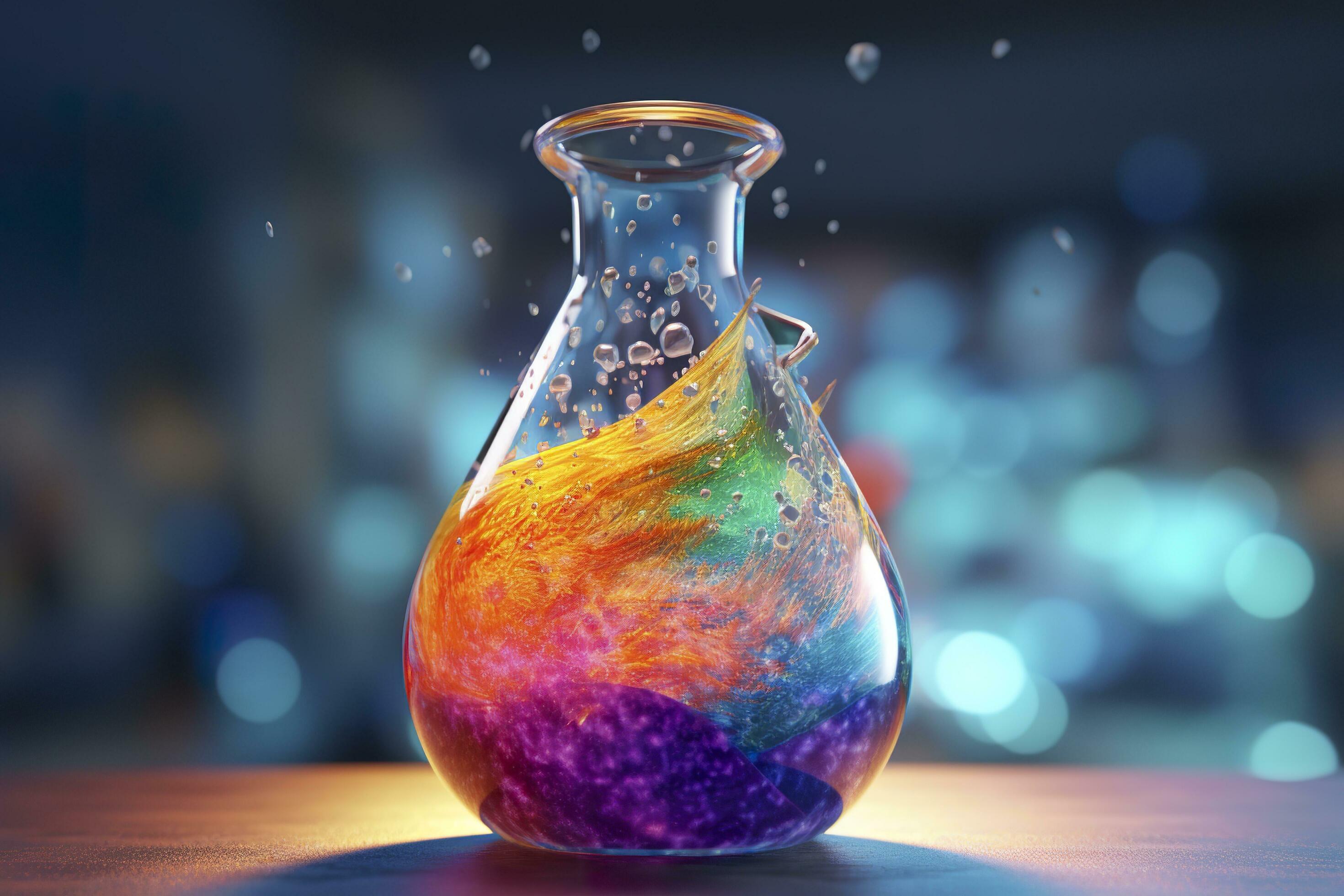 
									Close Up of a Science Beaker Filled with Multi Colored Liquids. AI Generative Stock Free