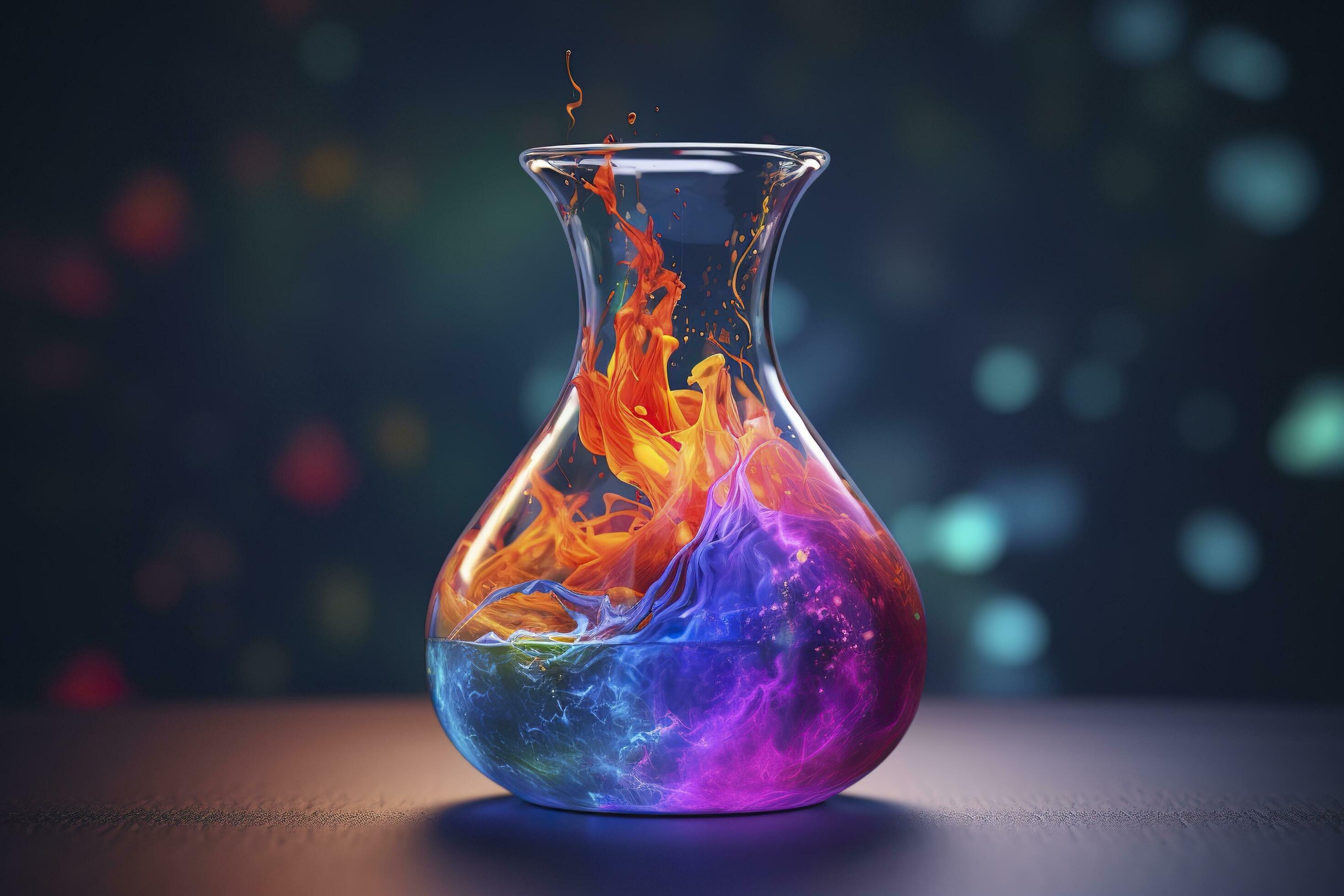 Close Up of a Science Beaker Filled with Multi Colored Liquids. AI Generative Stock Free