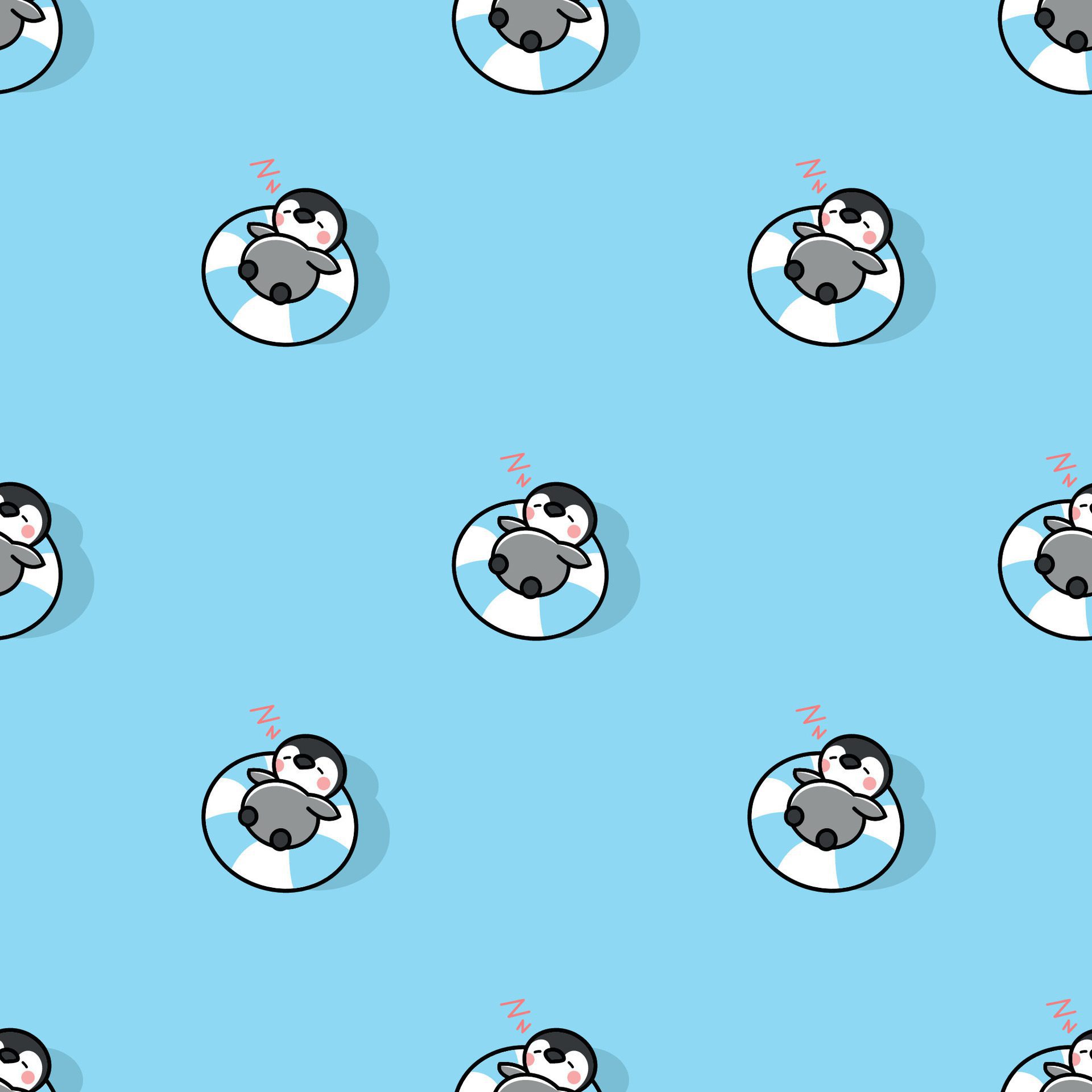 A CUTE PENGUIN IS SLEEPING ON A RUBBER RING SEAMLESS PATTERN Free Vector