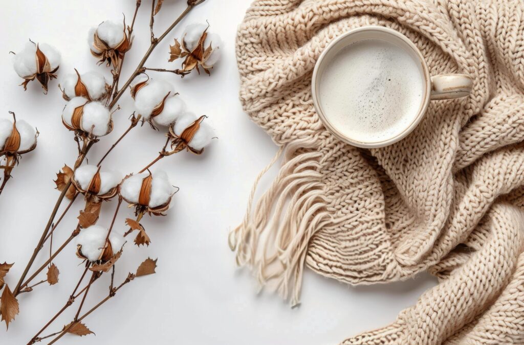 White Cotton Branch and Beige Knit Blanket With Cup of Coffee on White Background Stock Free