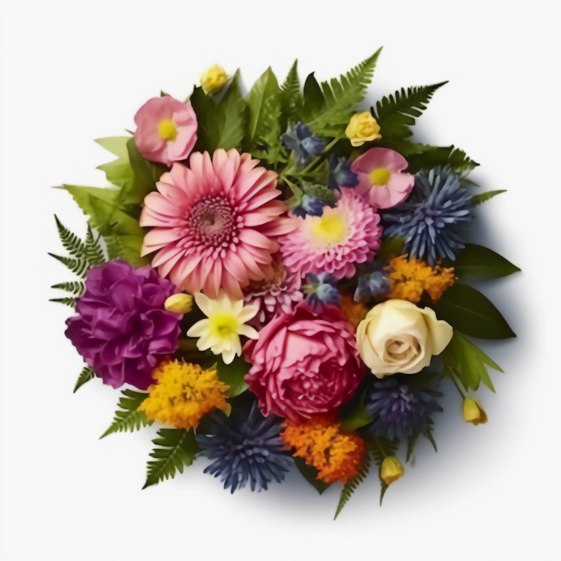 A top view of a bouquet of various colorful flowers. Isolated white background. AI Generated. Stock Free