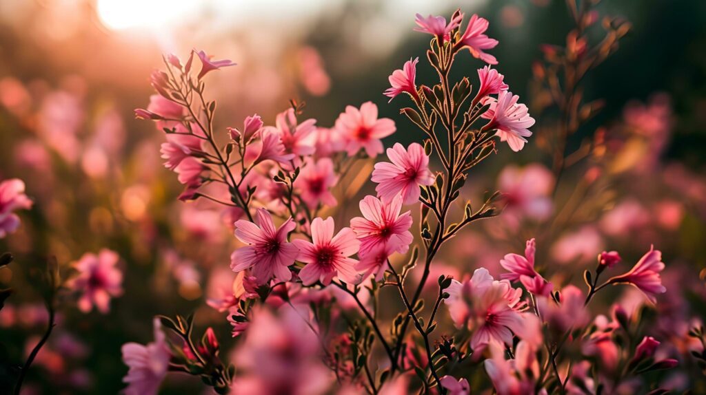 Vibrant Pink Flowers in the Golden Hour Glow Free Photo