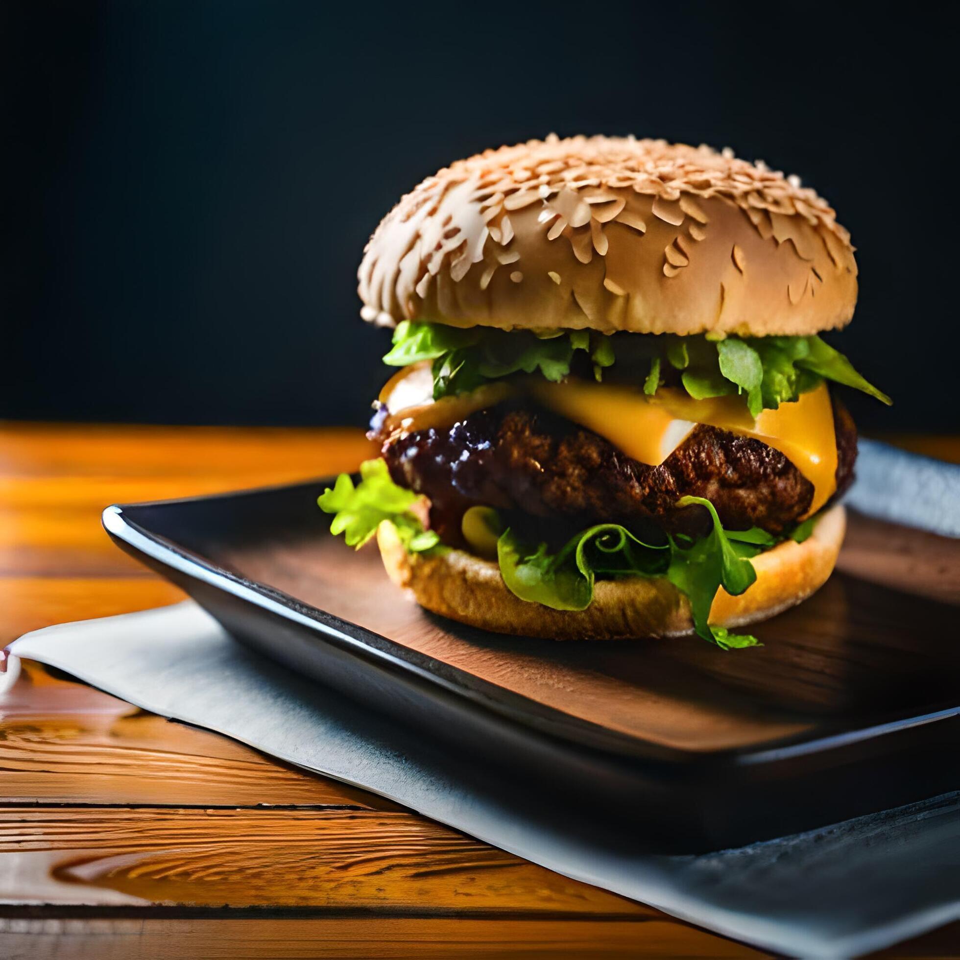 Juicy burger with fries and drink on a table new stock image quality food illustration desktop wallpaper. Stock Free