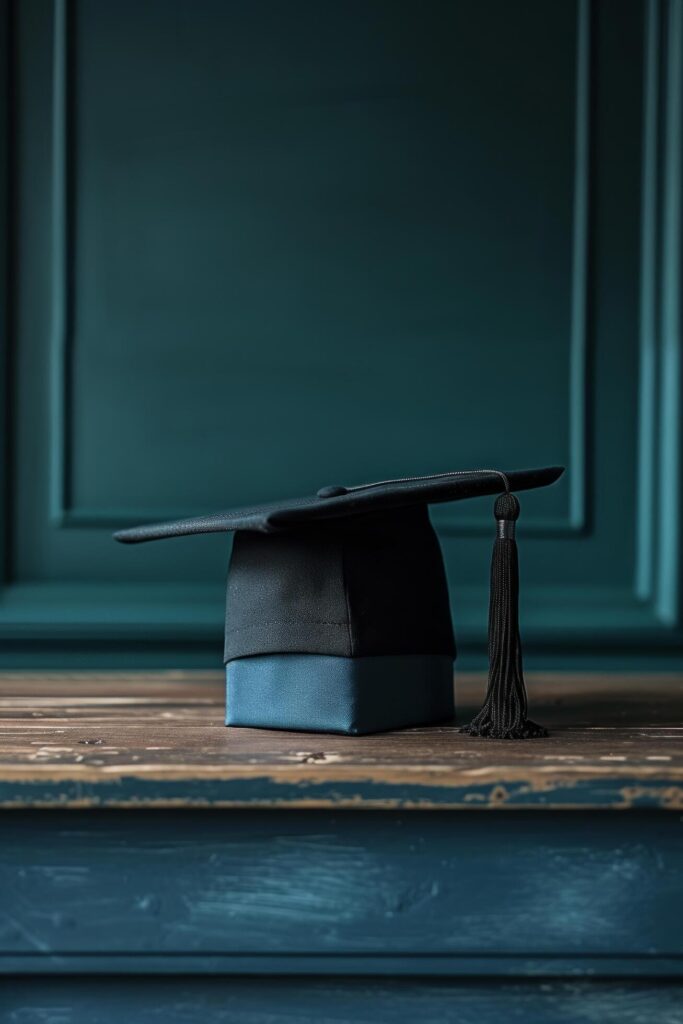 AI generated A simple backdrop adorned with a solitary graduate’s cap, evoking memories of educational milestones Stock Free