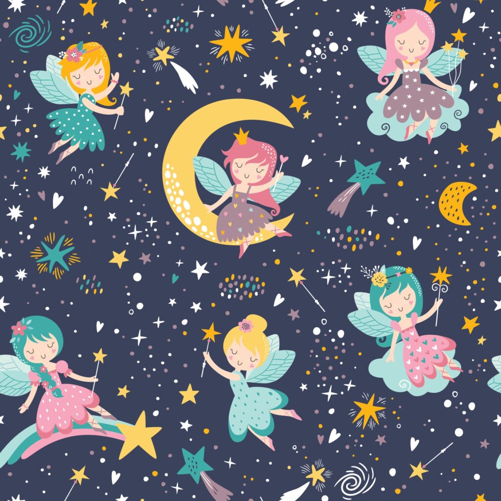 Vector seamless childish pattern with fairy, moon, stars, comet Free Vector