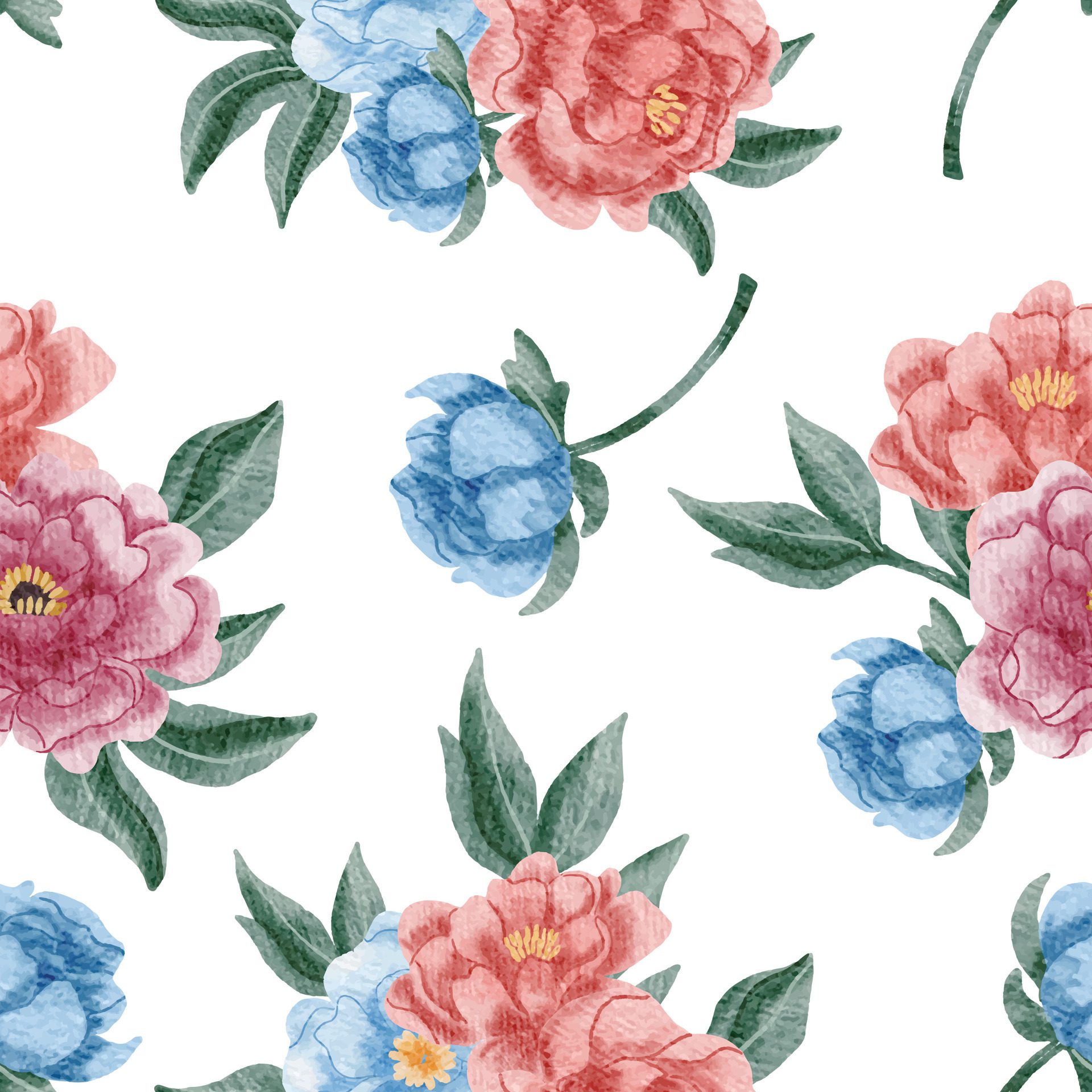 Blue, Pink, and Red Rose Watercolor Flower Seamless Pattern Free Vector