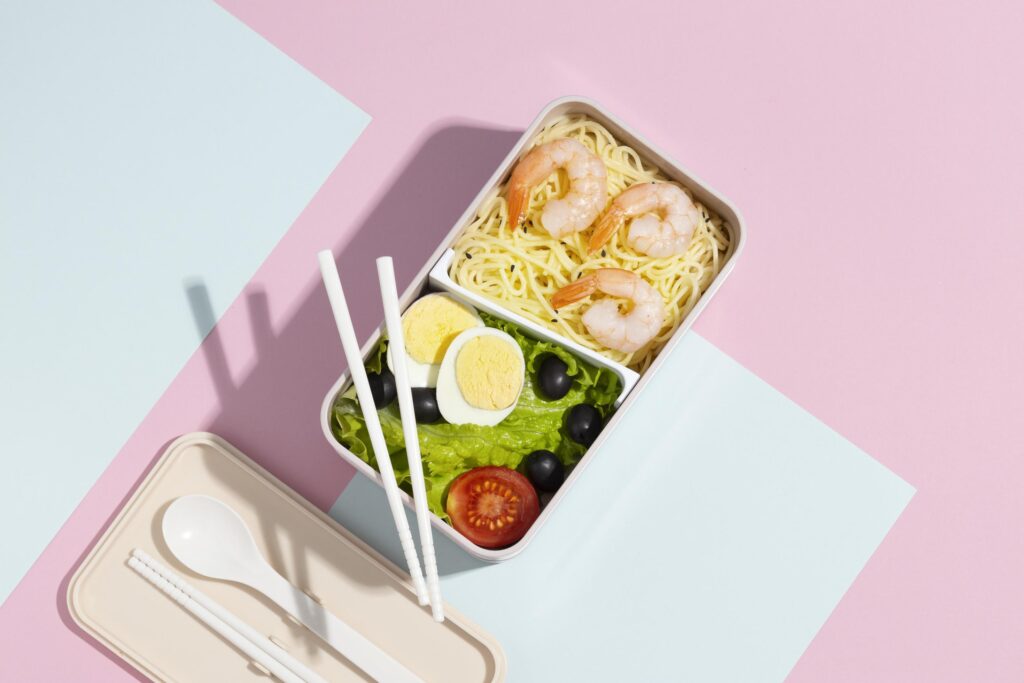 Top view composition food Japanese bento box Stock Free