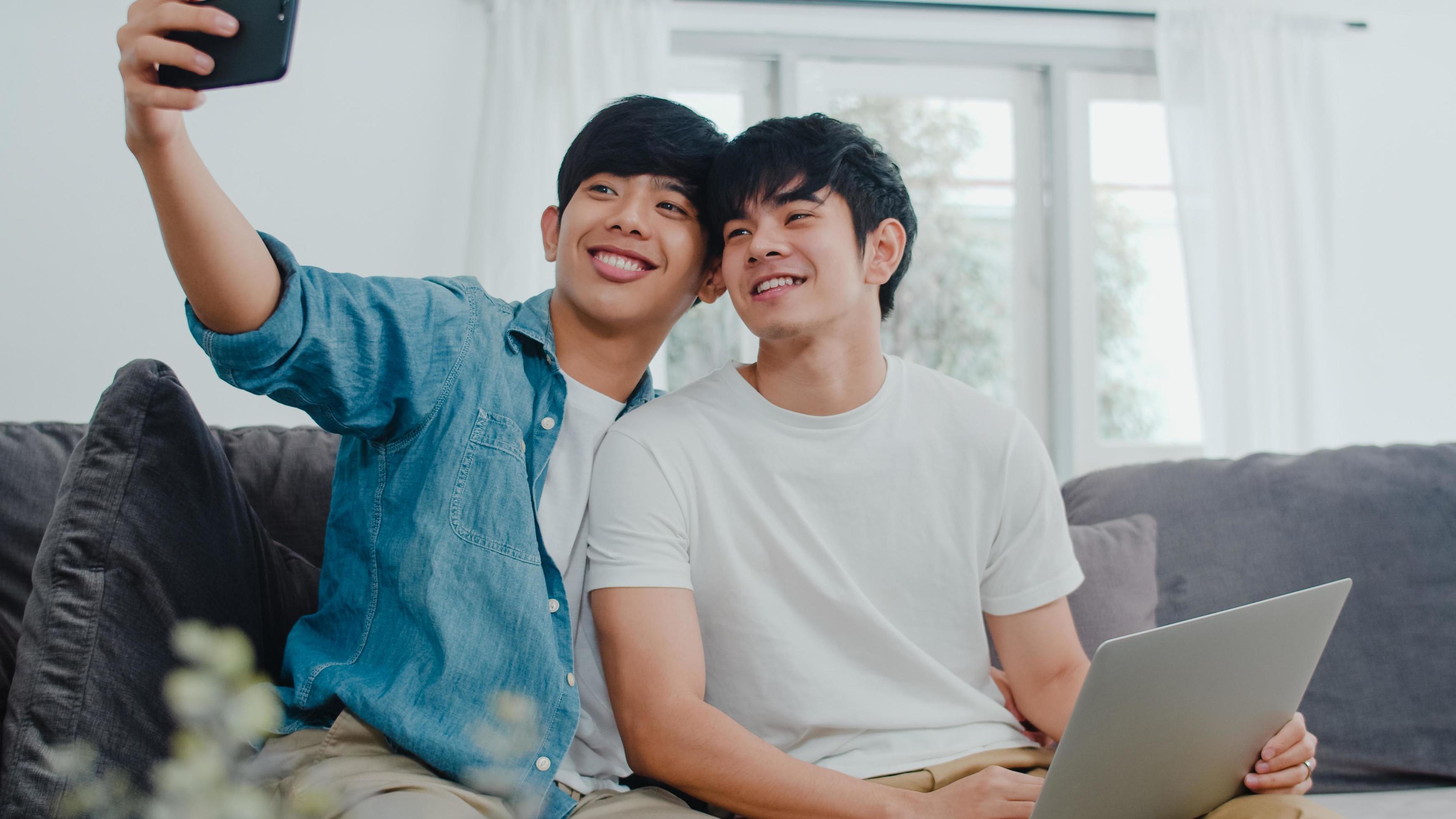 Young gay couple take a selfie at home. Stock Free