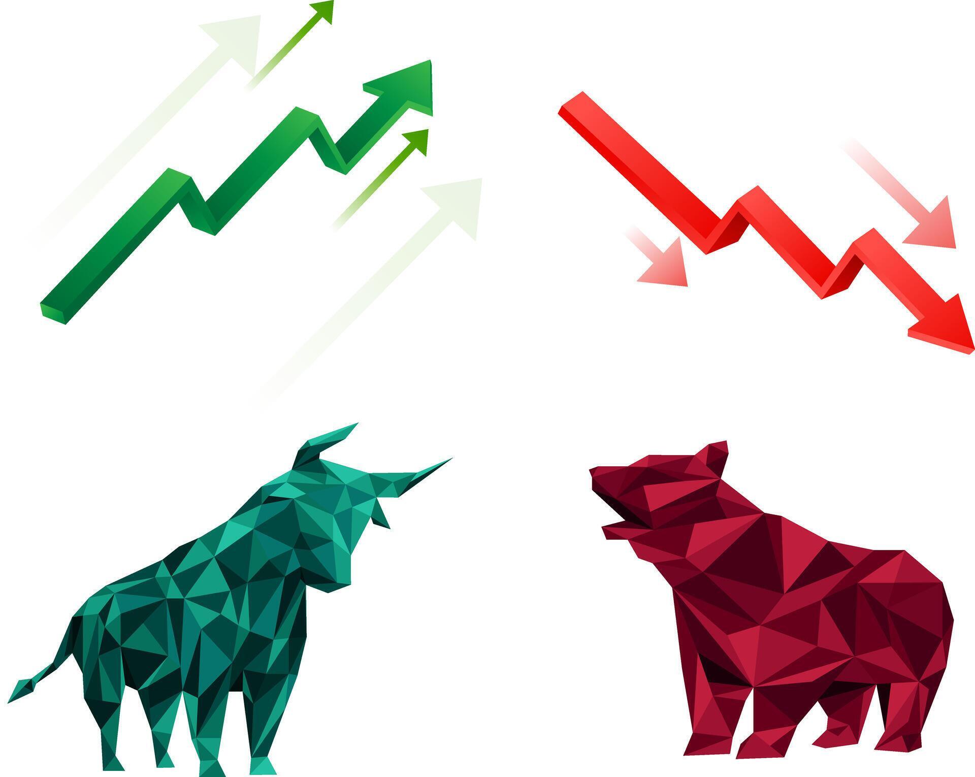 Bull vs bear symbols of stock market growing and falling arrows Stock Free