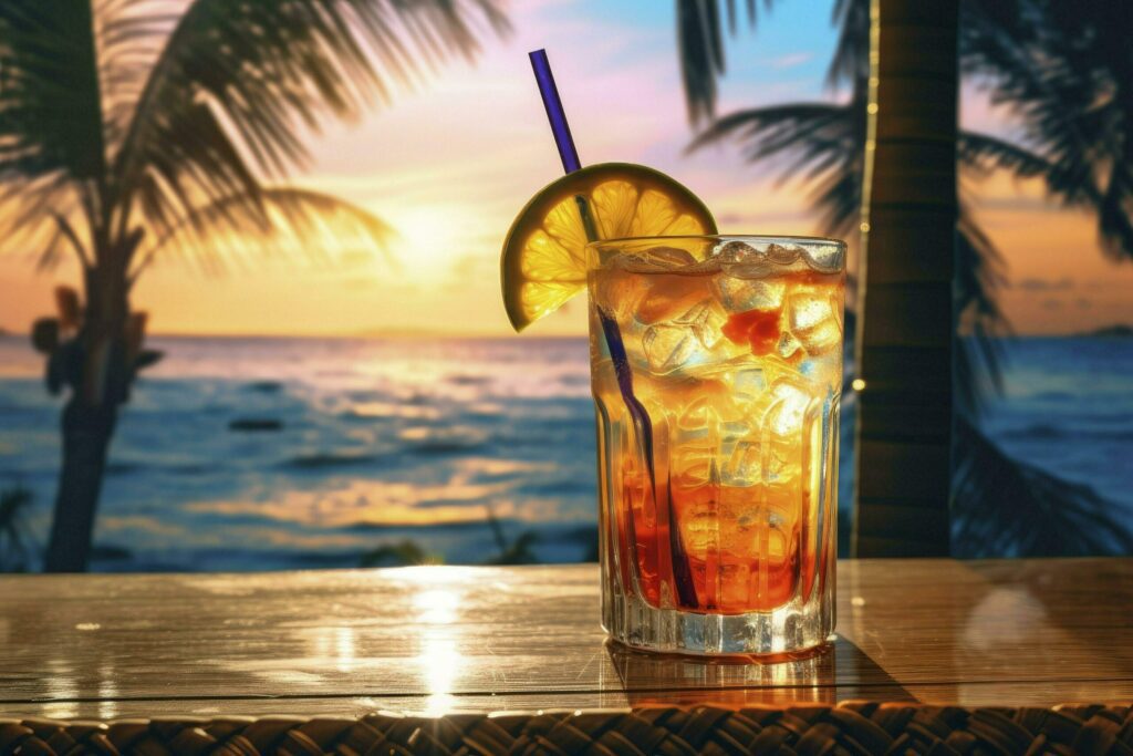 Colorful cocktail or juice in a glass decorated on a wooden table on blurred seascape background Free Photo