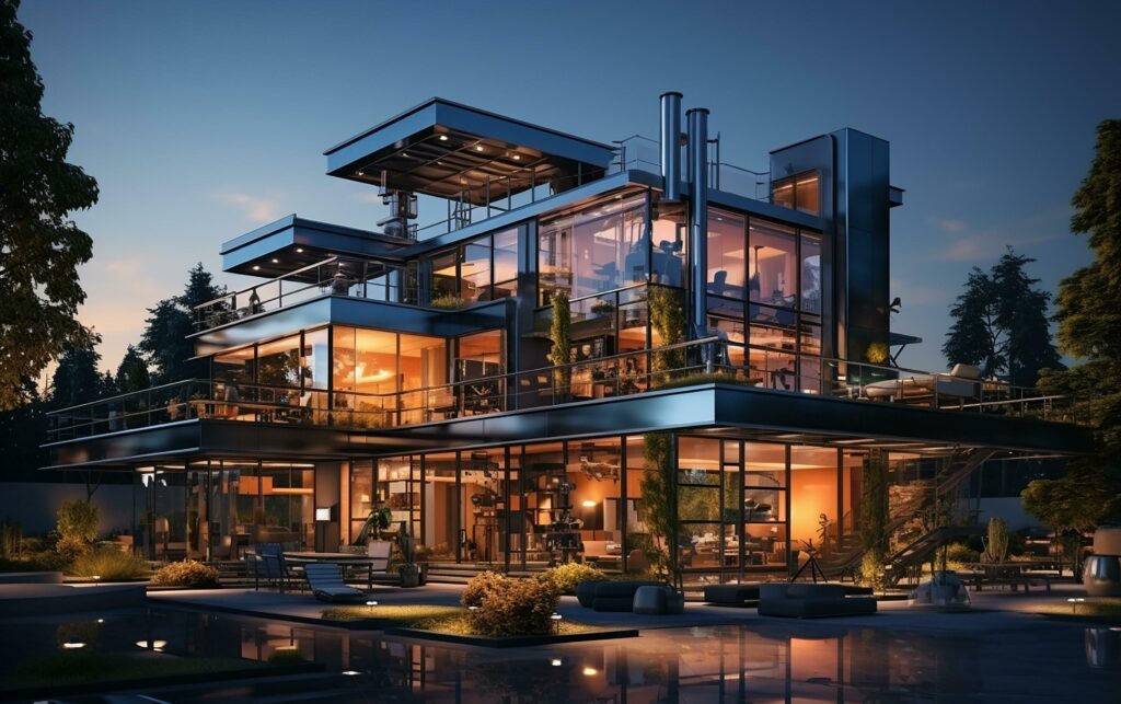 unique industrial architecture house in daylight, photo-realistic AI generative Stock Free