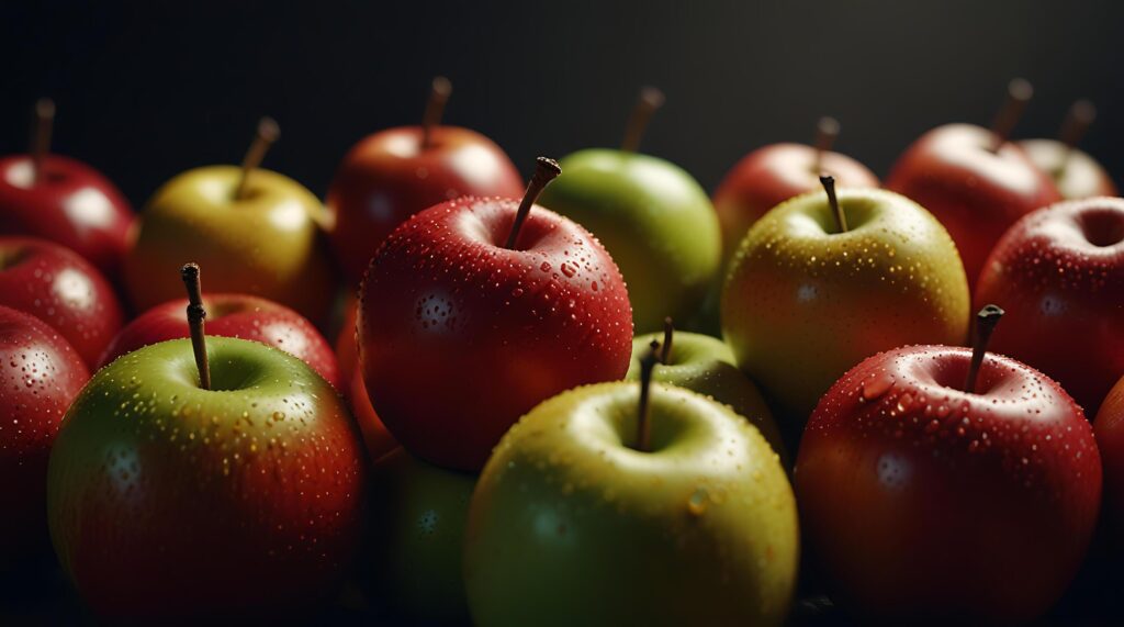 fake plastic apples, synthetically engineered in labs rather than grown from nature’s seeds background illustration. – Stock Free