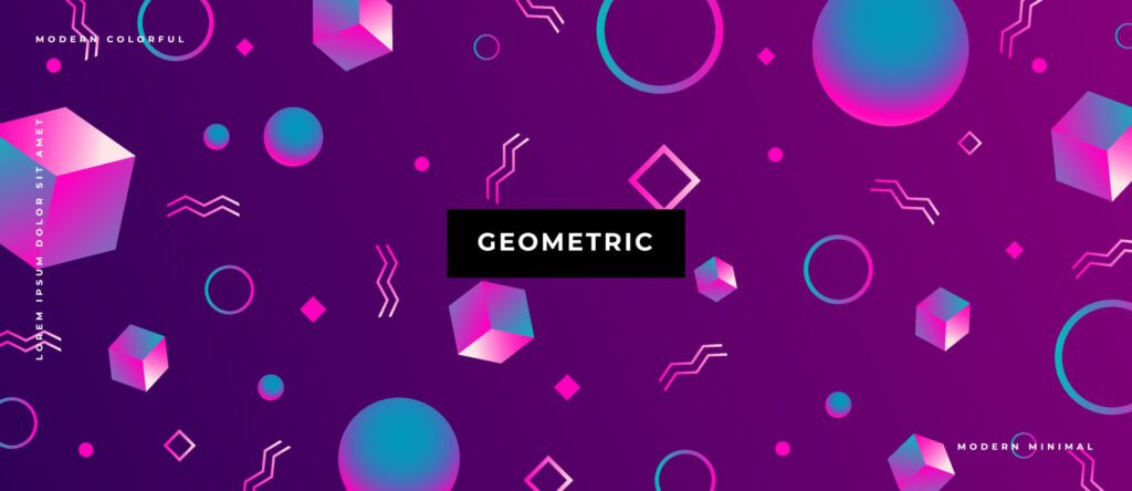 Geometric 3D shape memphis style. Moving cube, sphere, circle, dot, line on neon gradient background Free Vector and Free SVG