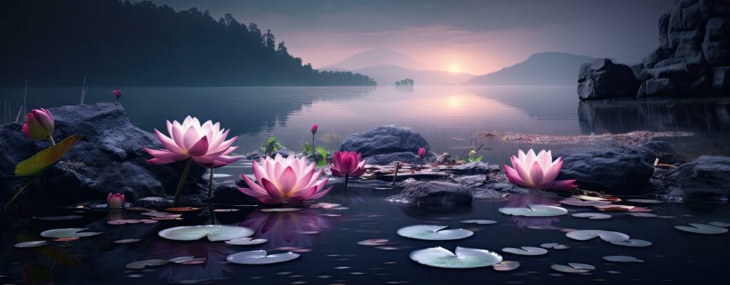 Lake with beautiful water lilies and rocks Stock Free