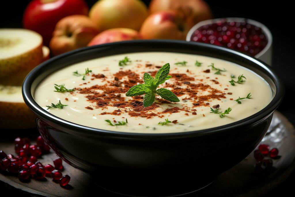 A delicious apple soup food in a bowl. Winter food and healthy protein soup meal concept by AI Generated Stock Free